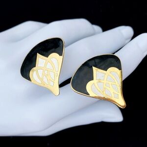 Vintage Cloisonné Black and Gold Enamel Tulips clip on Earrings